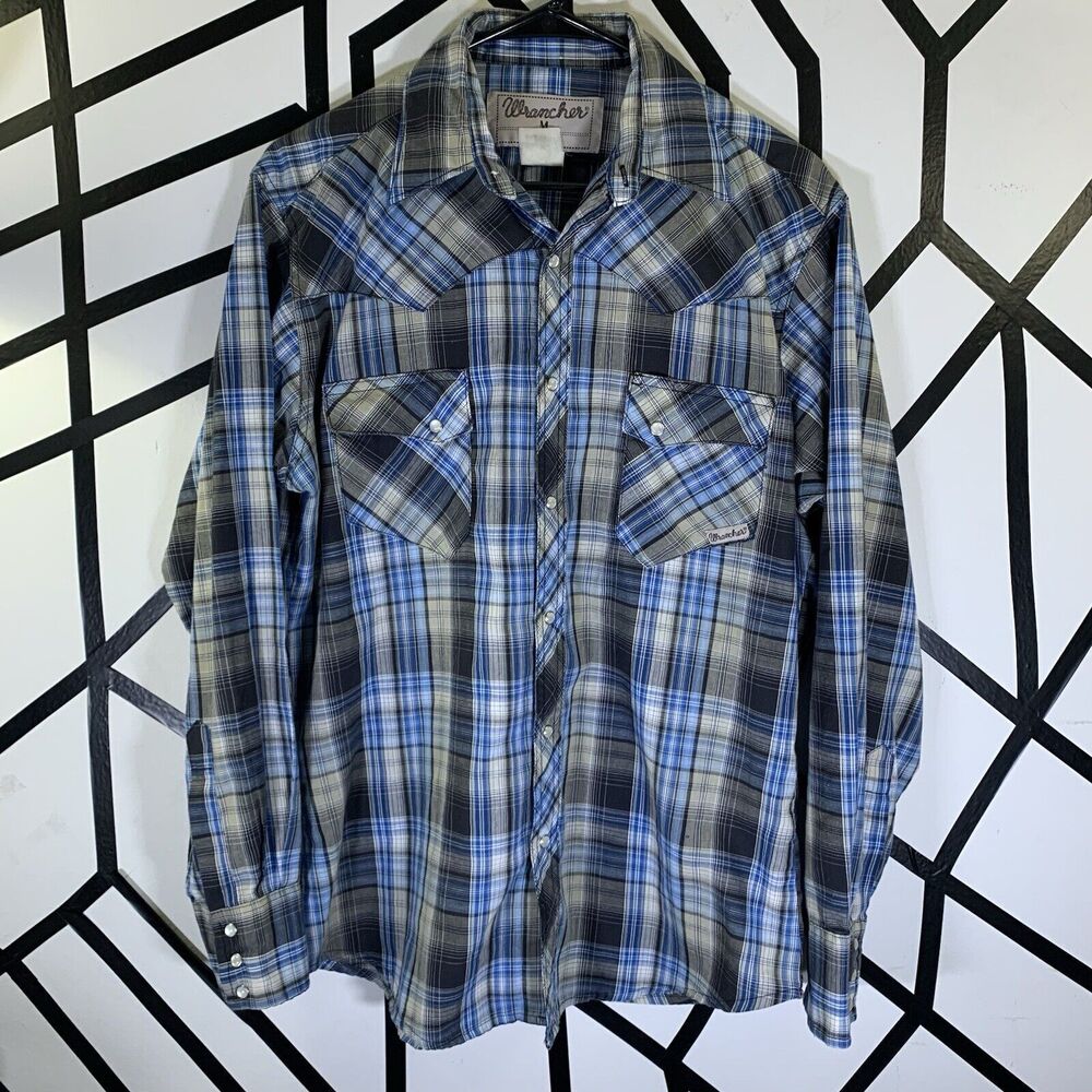 Vintage Wrangler Wrancher Blue Plaid Pearl Snap Up Western Cowboy Rodeo Shirt